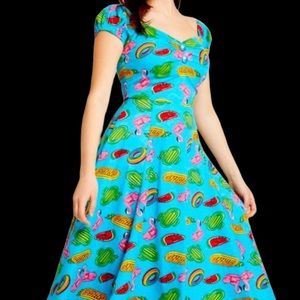 Retro Fit-and-Flare Blue Novelty Print Dress